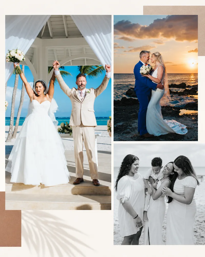 Editorial collage of a Punta Cana beach wedding, sunset couple and family session
