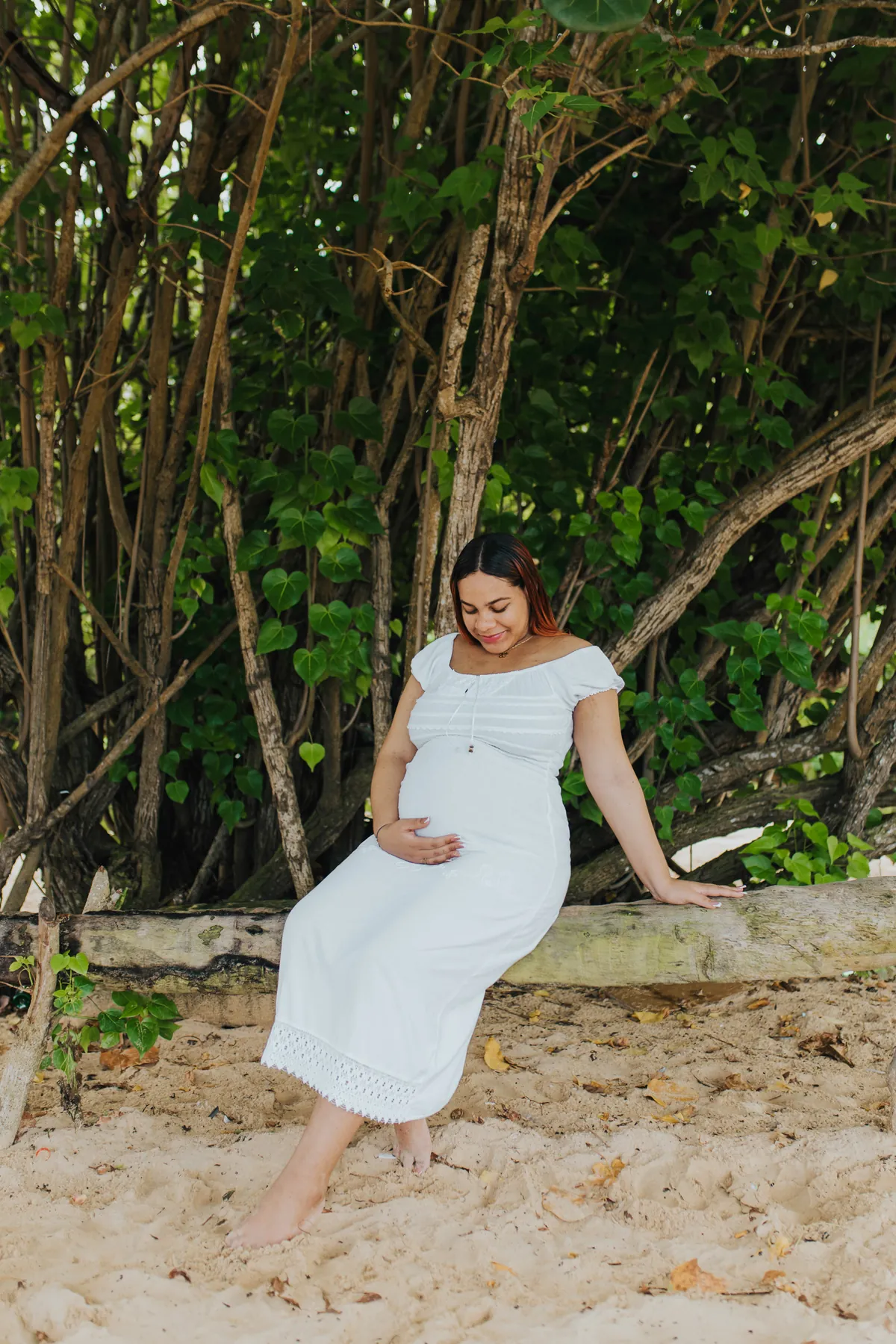 Mom-to-be sitting on a driftwood log under sea grape trees, hand on her belly