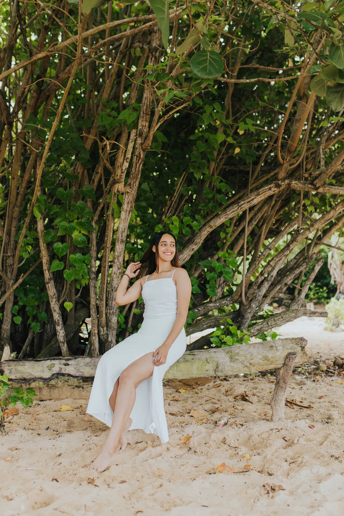 Young woman in a white dress sitting on a log under sea grape trees